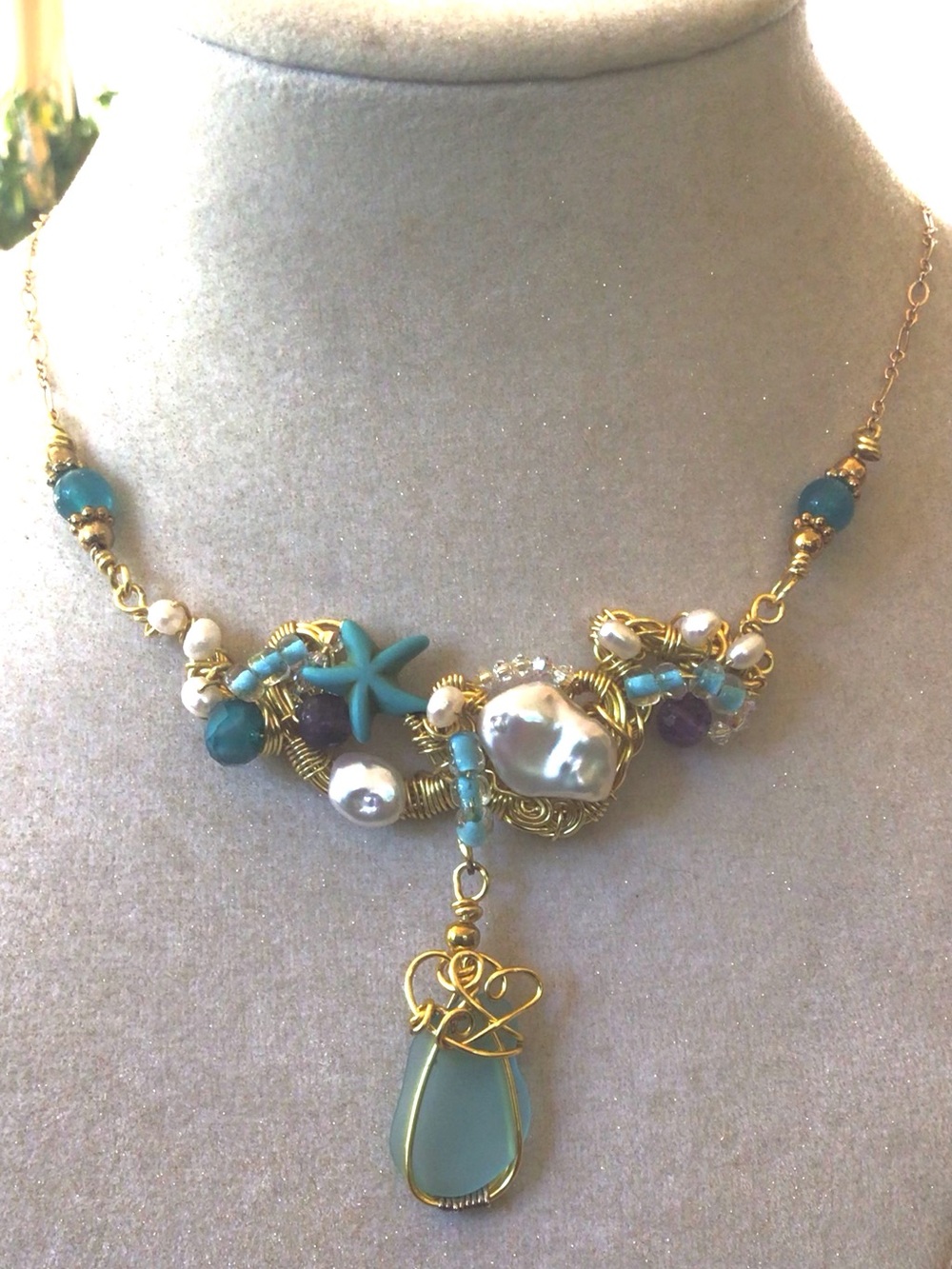 Sea glass, freshwater pearls, genuine stones, statement necklace.